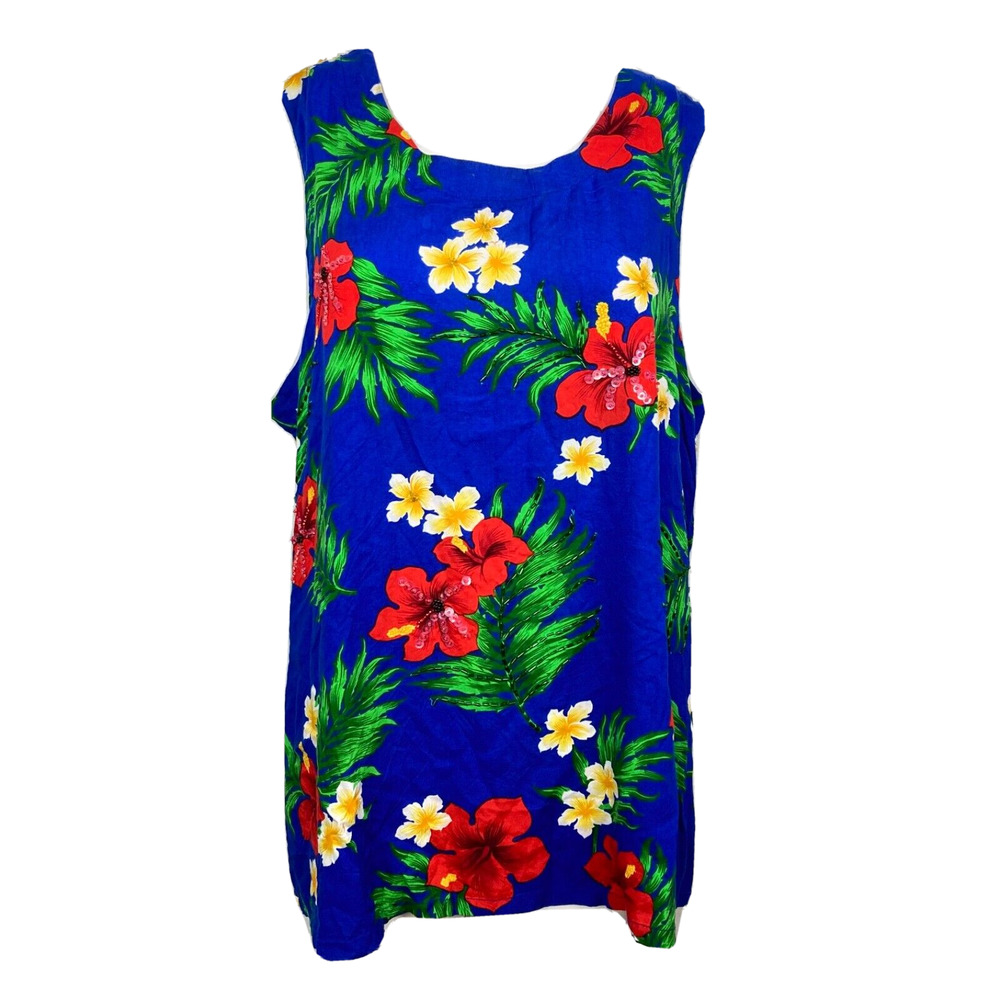 Carolina Colours Shirt Womens 18W Blue Tropical Floral Sleeveless Top Sequence